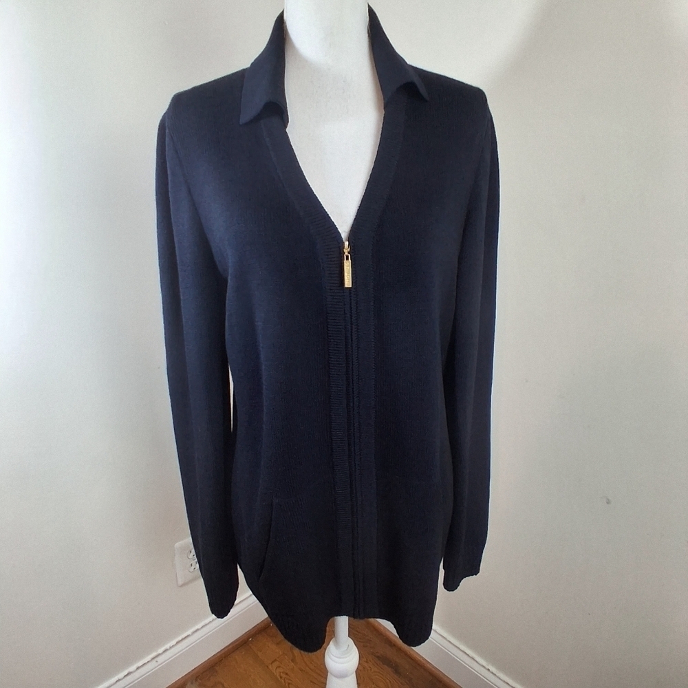 St. John Collection Santana Navy Blue Knit Zip Cardigan Wool Sweater Size Small